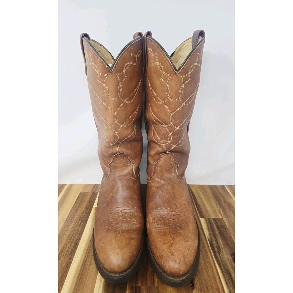 ACME Vintage Cowboy Western Boots Cognac Brown Leather Ranch Men Size 7 Womens 9 - Picture 3 of 11